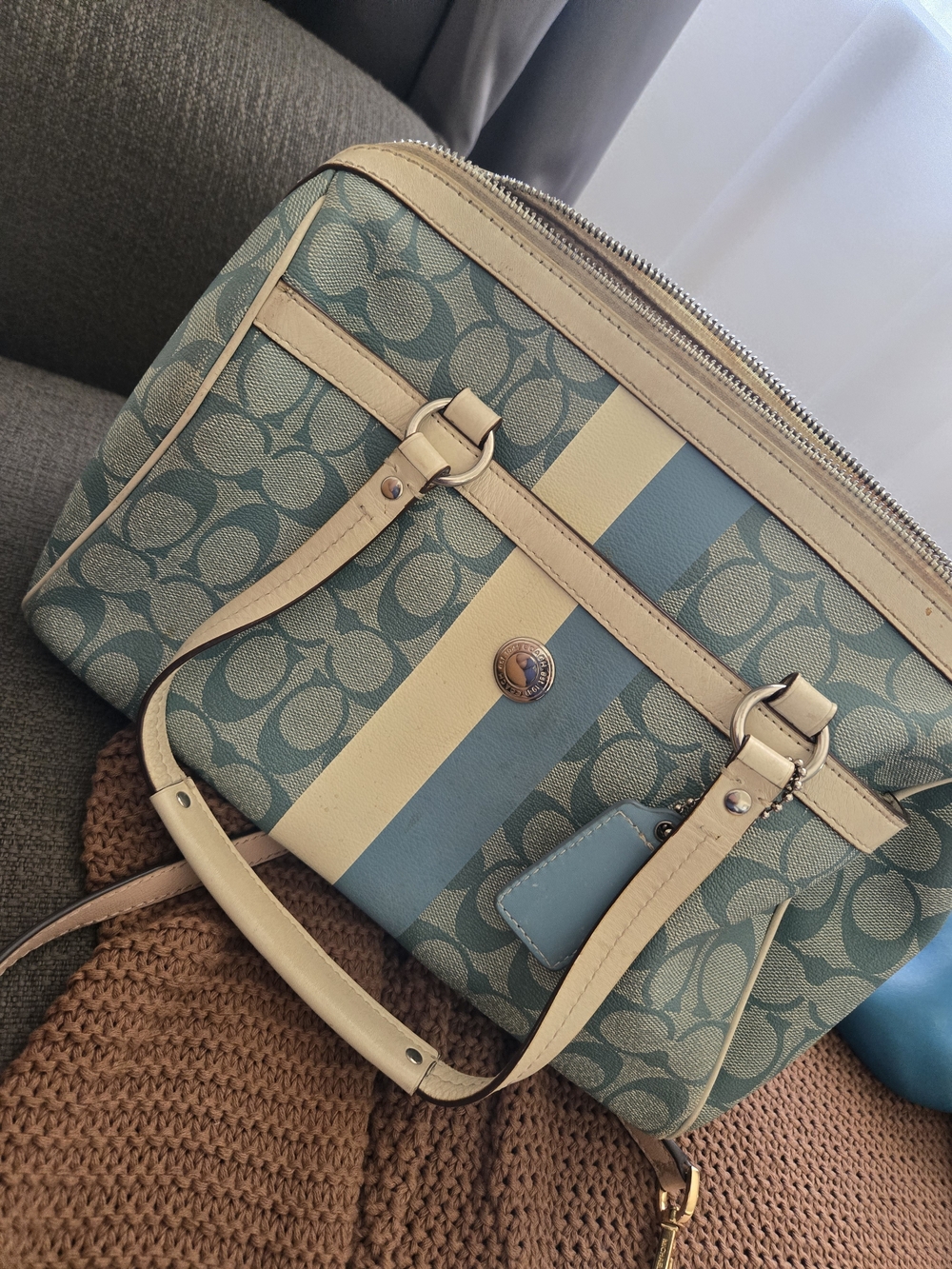 Coach Signature Stripe Speedy Satchel in Blue and Cream